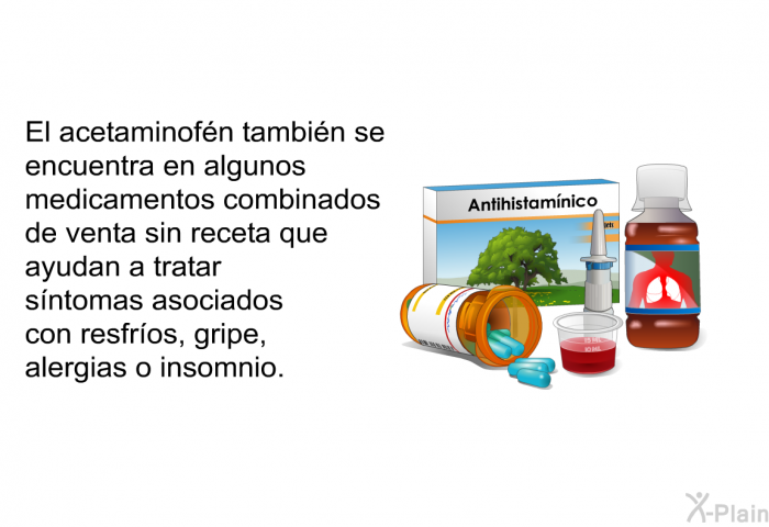 El acetaminofn tambin se encuentra en algunos medicamentos combinados de venta sin receta que ayudan a tratar sntomas asociados con resfros, gripe, alergias o insomnio.