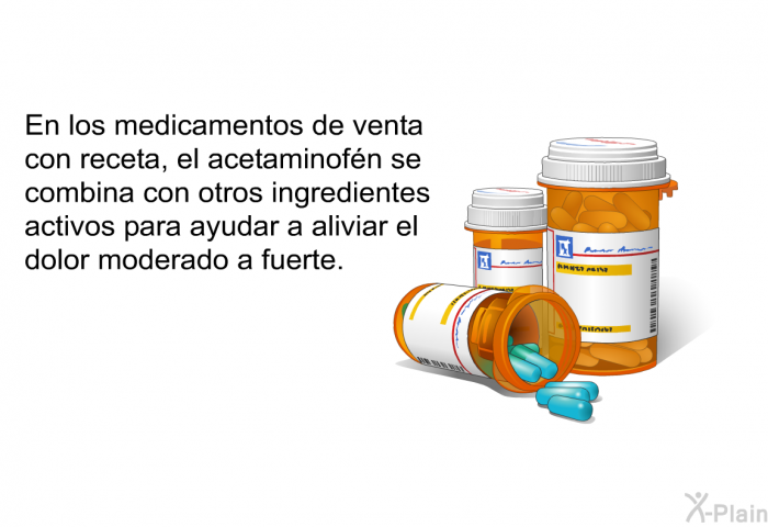 En los medicamentos de venta con receta, el acetaminofn se combina con otros ingredientes activos para ayudar a aliviar el dolor moderado a fuerte.