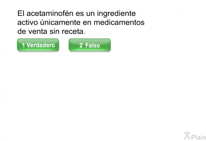 El acetaminofn es un ingrediente activo nicamente en medicamentos de venta sin receta.