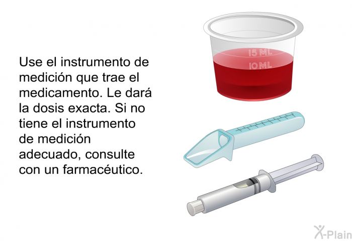 Use el instrumento de medicin que trae el medicamento. Le dar la dosis exacta. Si no tiene el instrumento de medicin adecuado, consulte con un farmacutico.