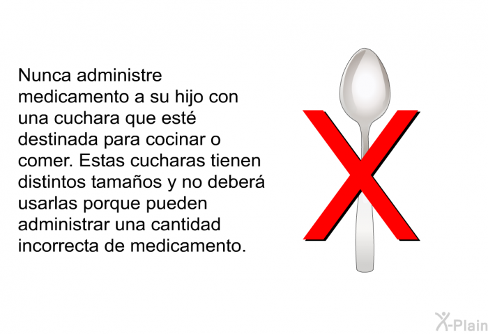 Nunca administre medicamento a su hijo con una cuchara que est destinada para cocinar o comer. Estas cucharas tienen distintos tamaos y no deber usarlas porque pueden administrar una cantidad incorrecta de medicamento.