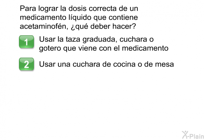 Para lograr la dosis correcta de un medicamento lquido que contiene acetaminofn, ¿qu debe hacer?  Usar la taza graduada, cuchara o gotero que viene con el medicamento      Usar una cuchara de cocina o de mesa