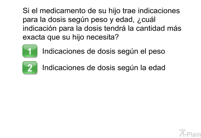 Si el medicamento de su hijo trae indicaciones para la dosis segn peso y edad, ¿cul indicacin para la dosis tendr la cantidad ms exacta que su hijo necesita?  Indicaciones de dosis segn el peso Indicaciones de dosis segn la edad