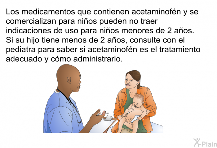 Los medicamentos que contienen acetaminofn y se comercializan para nios pueden no traer indicaciones de uso para nios menores de 2 aos. Si su hijo tiene menos de 2 aos, consulte con el pediatra para saber si acetaminofn es el tratamiento adecuado y cmo administrarlo.