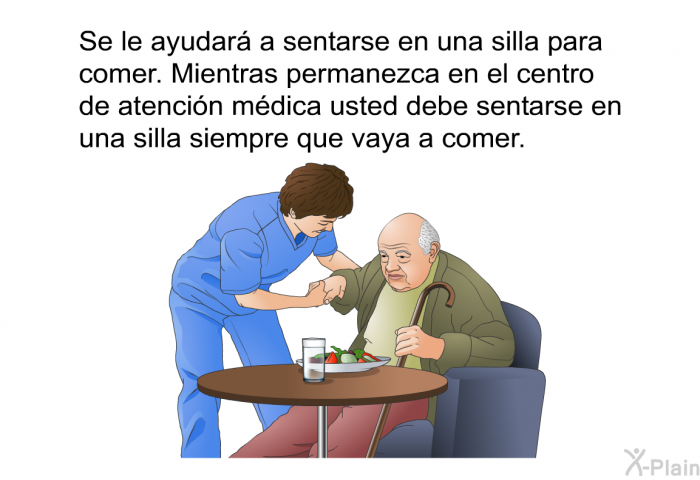 Se le ayudar a sentarse en una silla para comer. Mientras permanezca en el centro de atencin mdica usted debe sentarse en una silla siempre que vaya a comer.