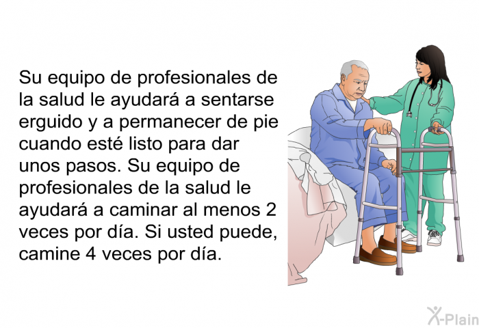 Su equipo de profesionales de la salud le ayudar a sentarse erguido y a permanecer de pie cuando est listo para dar unos pasos. Su equipo de profesionales de la salud le ayudar a caminar al menos 2 veces por da. Si usted puede, camine 4 veces por da.