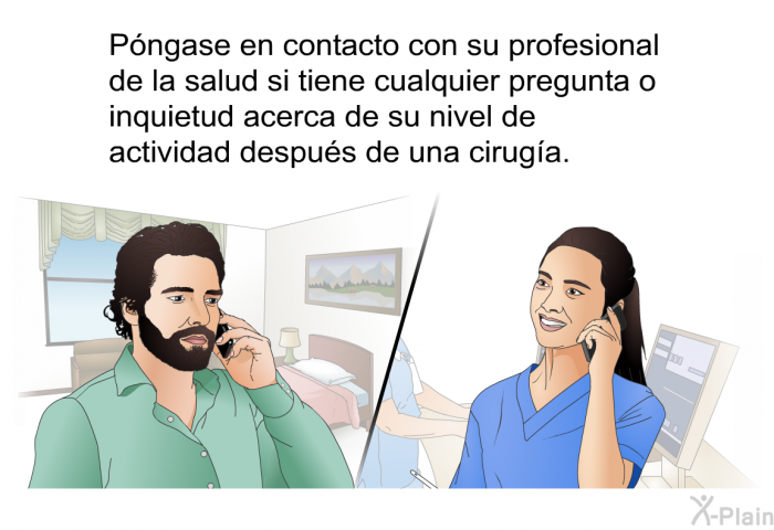 Pngase en contacto con su profesional de la salud si tiene cualquier pregunta o inquietud acerca de su nivel de actividad despus de una ciruga.