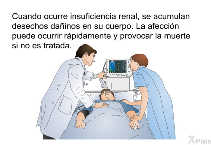 Cuando ocurre insuficiencia renal, se acumulan desechos dainos en su cuerpo. La afeccin puede ocurrir rpidamente y provocar la muerte si no es tratada.