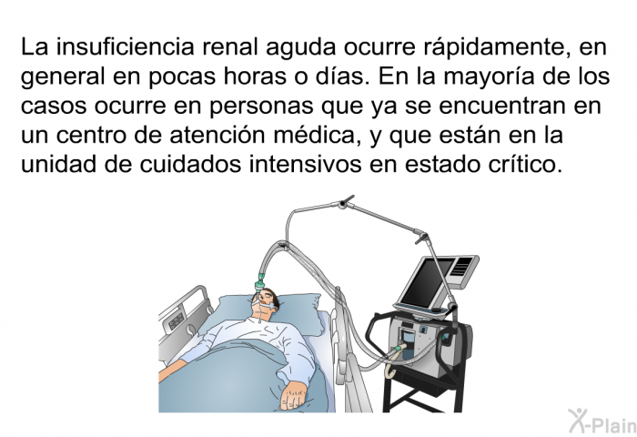 La insuficiencia renal aguda ocurre rpidamente, en general en pocas horas o das. En la mayora de los casos ocurre en personas que ya se encuentran en un centro de atencin mdica, y que estn en la unidad de cuidados intensivos en estado crtico.