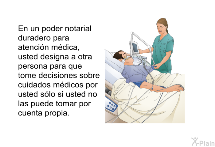 En un poder notarial duradero para atencin mdica, usted designa a otra persona para que tome decisiones sobre cuidados mdicos por usted <U>slo</U> si usted no las puede tomar por cuenta propia.