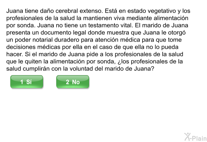 Juana tiene dao cerebral extenso. Est en estado vegetativo y los profesionales de la salud la mantienen viva mediante alimentacin por sonda. Juana no tiene un testamento vital. El marido de Juana presenta un documento legal donde muestra que Juana le otorg un poder notarial duradero para atencin mdica para que tome decisiones mdicas por ella en el caso de que ella no lo pueda hacer. Si el marido de Juana pide a los profesionales de la salud que le quiten la alimentacin por sonda, ¿los profesionales de la salud cumplirn con la voluntad del marido de Juana?