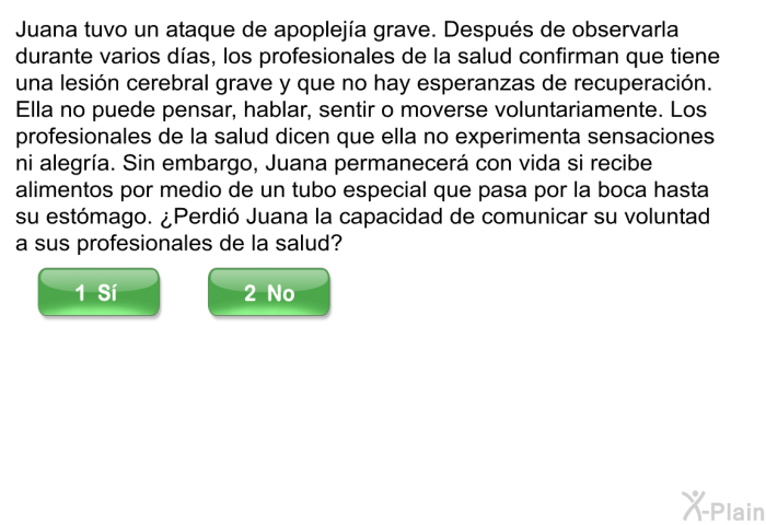 Juana tuvo un ataque de apopleja grave. Despus de observarla durante varios das, los profesionales de la salud confirman que tiene una lesin cerebral grave y que no hay esperanzas de recuperacin. Ella no puede pensar, hablar, sentir o moverse voluntariamente. Los profesionales de la salud dicen que ella no experimenta sensaciones ni alegra. Sin embargo, Juana permanecer con vida si recibe alimentos por medio de un tubo especial que pasa por la boca hasta su estmago. ¿Perdi Juana la capacidad de comunicar su voluntad a sus profesionales de la salud?