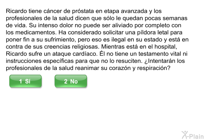 Ricardo tiene cncer de prstata en etapa avanzada y los profesionales de la salud dicen que slo le quedan pocas semanas de vida. Su intenso dolor no puede ser aliviado por completo con los medicamentos. Ha considerado solicitar una pldora letal para poner fin a su sufrimiento, pero eso es ilegal en su estado y est en contra de sus creencias religiosas. Mientras est en el hospital, Ricardo sufre un ataque cardaco. Él no tiene un testamento vital ni instrucciones especficas para que no lo resuciten. ¿Intentarn los profesionales de la salud reanimar su corazn y respiracin?