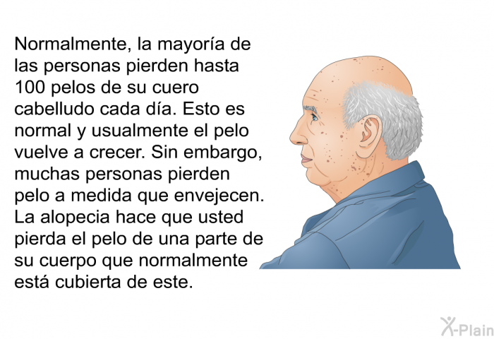 Normalmente, la mayora de las personas pierden hasta 100 pelos de su cuero cabelludo cada da. Esto es normal y usualmente el pelo vuelve a crecer. Sin embargo, muchas personas pierden pelo a medida que envejecen. La alopecia hace que usted pierda el pelo de una parte de su cuerpo que normalmente est cubierta de este.