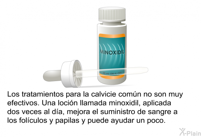 Los tratamientos para la calvicie com�n no son muy efectivos. Una loci�n llamada minoxidil, aplicada dos veces al d�a, mejora el suministro de sangre a los fol�culos y papilas y puede ayudar un poco .