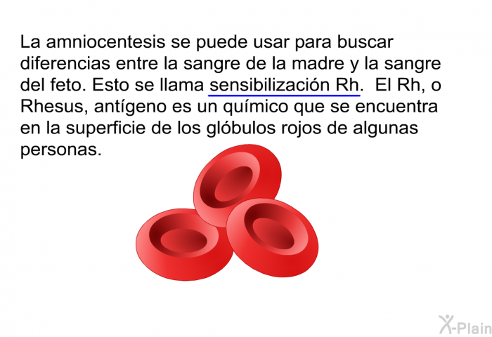 La amniocentesis se puede usar para buscar diferencias entre la sangre de la madre y la sangre del feto. Esto se llama sensibilizacin Rh. El Rh, o Rhesus, antgeno es un qumico que se encuentra en la superficie de los glbulos rojos de algunas personas.