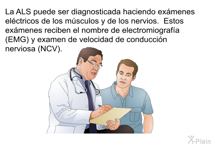 La ALS puede ser diagnosticada haciendo exmenes elctricos de los msculos y de los nervios. Estos exmenes reciben el nombre de electromiografa (EMG) y examen de velocidad de conduccin nerviosa (NCV).
