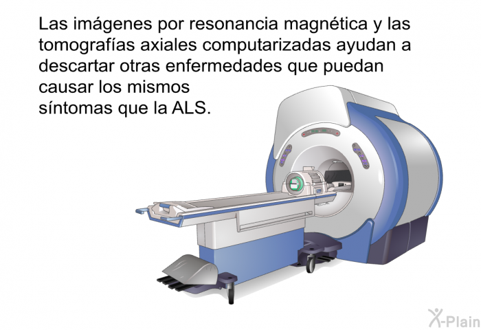 Las imgenes por resonancia magntica y las tomografas axiales computarizadas ayudan a descartar otras enfermedades que puedan causar los mismos sntomas que la ALS.