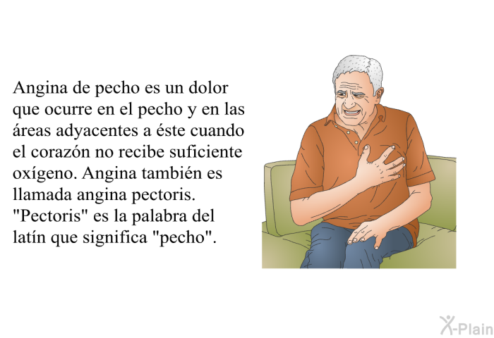 Angina de pecho es un dolor que ocurre en el pecho y en las reas adyacentes a ste cuando el corazn no recibe suficiente oxgeno. Angina tambin es llamada <I>angina pectoris</I>. “Pectoris” es la palabra del latn que significa “pecho”.