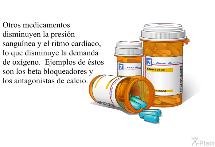 Otros medicamentos disminuyen la presi�n sangu�nea y el ritmo card�aco, lo que disminuye la demanda de ox�geno. Ejemplos de �stos son los beta bloqueadores y los antagonistas de calcio.