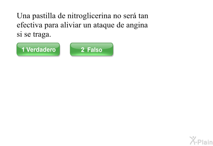 Una pastilla de nitroglicerina no ser tan efectiva para aliviar un ataque de angina si se traga.