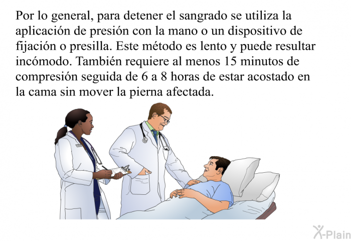 Por lo general, para detener el sangrado se utiliza la aplicacin de presin con la mano o un dispositivo de fijacin o presilla. Este mtodo es lento y puede resultar incmodo. Tambin requiere al menos 15 minutos de compresin seguida de 6 a 8 horas de estar acostado en la cama sin mover la pierna afectada.