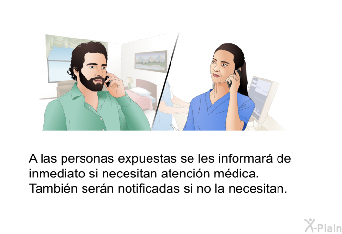 A las personas expuestas se les informar de inmediato si necesitan atencin mdica. Tambin sern notificadas si no la necesitan.