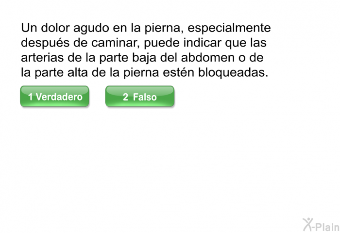 Un dolor agudo en la pierna, especialmente despus de caminar, puede indicar que las arterias de la parte baja del abdomen o de la parte alta de la pierna estn bloqueadas.