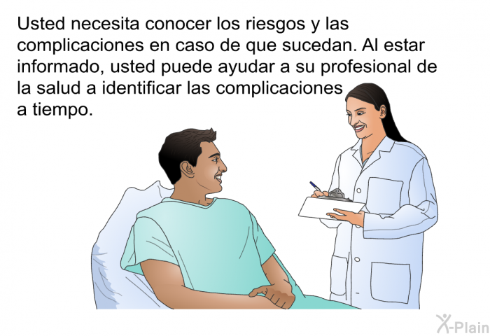 Usted necesita conocer los riesgos y las complicaciones en caso de que sucedan. Al estar informado, usted puede ayudar a su profesional de la salud a identificar las complicaciones a tiempo.