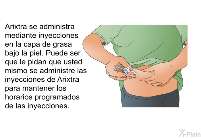 Arixtra se administra mediante inyecciones en la capa de grasa bajo la piel. Puede ser que le pidan que usted mismo se administre las inyecciones de Arixtra para mantener los horarios programados de las inyecciones.