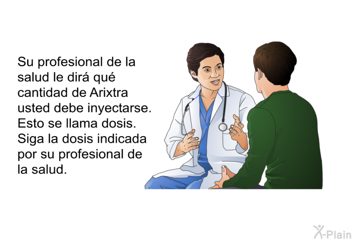 Su profesional de la salud le dir qu cantidad de Arixtra usted debe inyectarse. Esto se llama dosis. Siga la dosis indicada por su profesional de la salud.