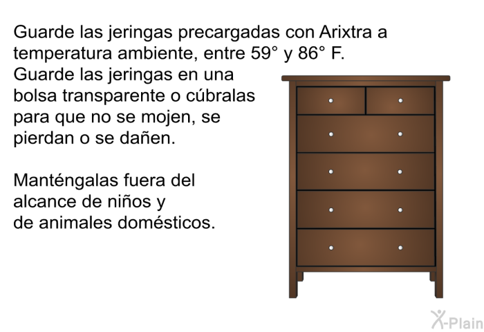 Guarde las jeringas precargadas con Arixtra a temperatura ambiente, entre 59&deg; y 86&deg; F. Guarde las jeringas en una bolsa transparente o c�bralas para que no se mojen, se pierdan o se da�en. Mant�ngalas fuera del alcance de ni�os y de animales dom�sticos.
