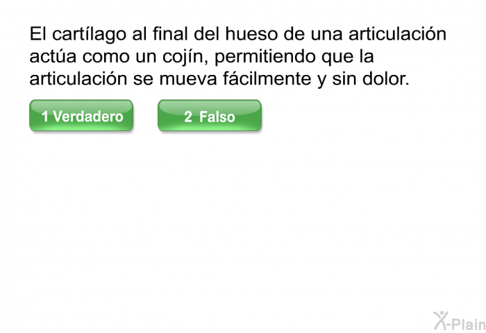 El cartlago al final del hueso de una articulacin acta como un cojn, permitiendo que la articulacin se mueva fcilmente y sin dolor.