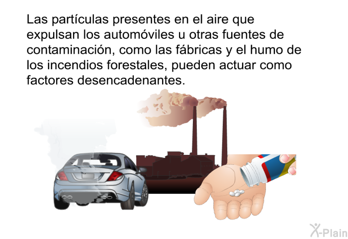 Las partculas presentes en el aire que expulsan los automviles u otras fuentes de contaminacin, como las fbricas y el humo de los incendios forestales, pueden actuar como factores desencadenantes.