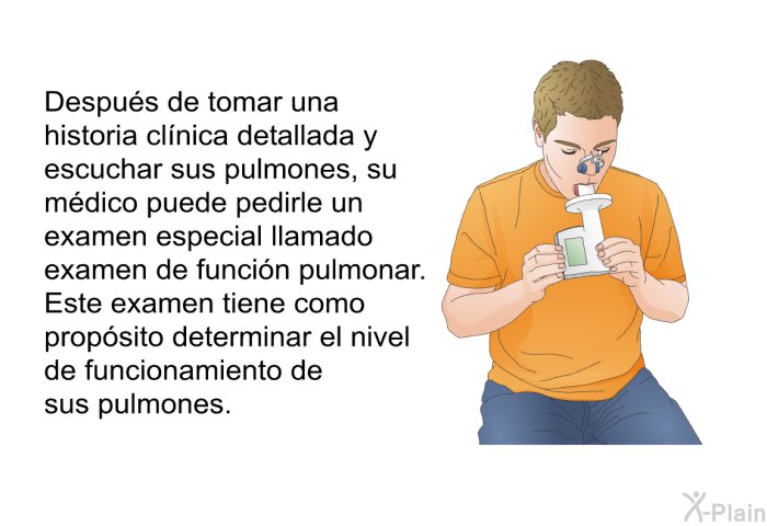 Despu�s de tomar una historia cl�nica detallada y escuchar sus pulmones, su m�dico puede pedirle un examen especial llamado examen de funci�n pulmonar. Este examen tiene como prop�sito determinar el nivel de funcionamiento de sus pulmones.