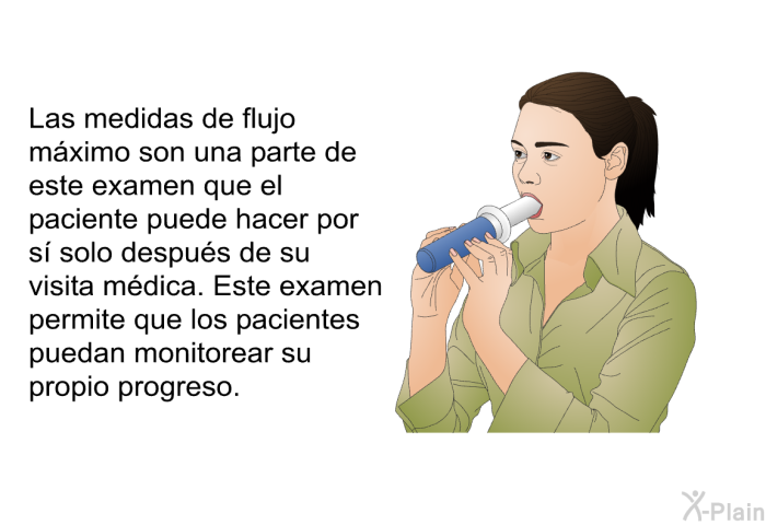 Las medidas de flujo mximo son una parte de este examen que el paciente puede hacer por s solo despus de su visita mdica. Este examen permite que los pacientes puedan monitorear su propio progreso.