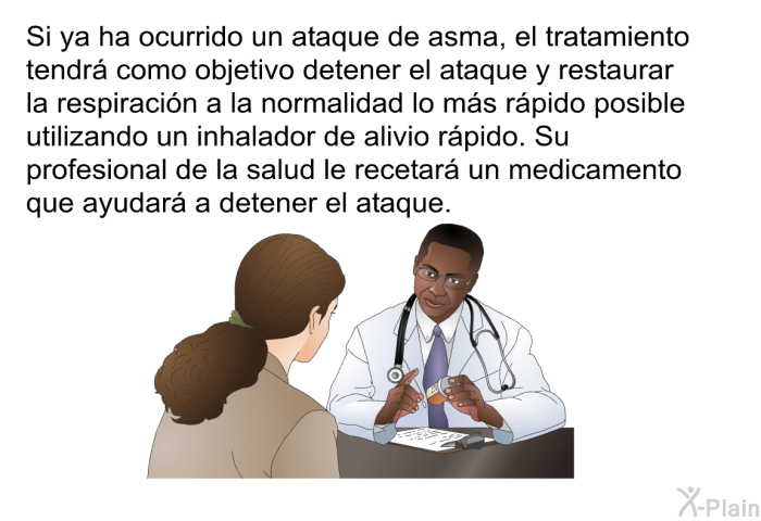 Si ya ha ocurrido un ataque de asma, el tratamiento tendr� como objetivo detener el ataque y restaurar la respiraci�n a la normalidad lo m�s r�pido posible utilizando un inhalador de alivio r�pido. Su profesional de la salud le recetar� un medicamento que ayudar� a detener el ataque.
