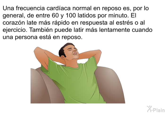 Una frecuencia cardaca normal en reposo es, por lo general, de entre 60 y 100 latidos por minuto. El corazn late ms rpido en respuesta al estrs o al ejercicio. Tambin puede latir ms lentamente cuando una persona est en reposo.