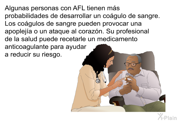 Algunas personas con AFL tienen m�s probabilidades de desarrollar un co�gulo de sangre. Los co�gulos de sangre pueden provocar una apoplej�a o un ataque al coraz�n. Su profesional de la salud puede recetarle un medicamento anticoagulante para ayudar a reducir su riesgo.