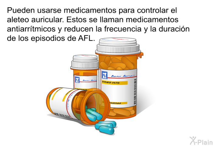 Pueden usarse medicamentos para controlar el aleteo auricular. Estos se llaman medicamentos antiarr�tmicos y reducen la frecuencia y la duraci�n de los episodios de AFL.