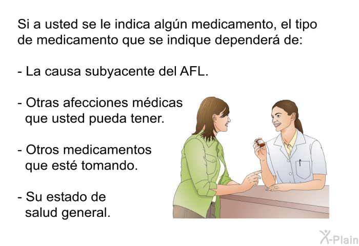 Si a usted se le indica alg�n medicamento, el tipo de medicamento que se indique depender� de:  La causa subyacente del AFL. Otras afecciones m�dicas que usted pueda tener. Otros medicamentos que est� tomando. Su estado de salud general.