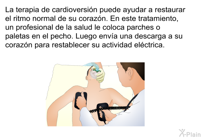 La terapia de cardioversi�n puede ayudar a restaurar el ritmo normal de su coraz�n. En este tratamiento, un profesional de la salud le coloca parches o paletas en el pecho. Luego env�a una descarga a su coraz�n para restablecer su actividad el�ctrica.