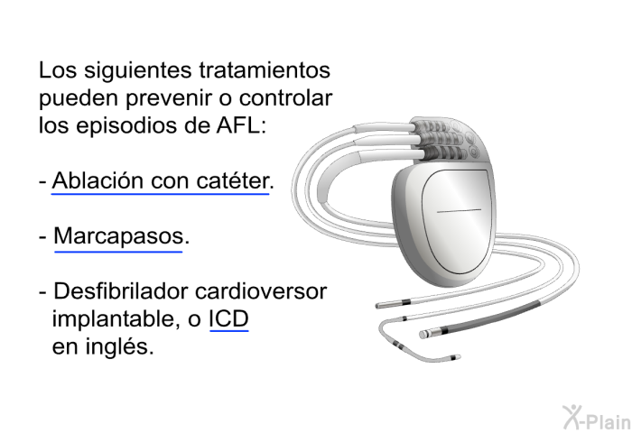 Los siguientes tratamientos pueden prevenir o controlar los episodios de AFL:  Ablaci�n con cat�ter. Marcapasos. Desfibrilador cardioversor implantable, o ICD en ingl�s.