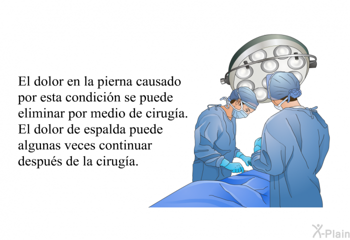 El dolor en la pierna causado por esta condicin se puede eliminar por medio de ciruga. El dolor de espalda puede algunas veces continuar despus de la ciruga.