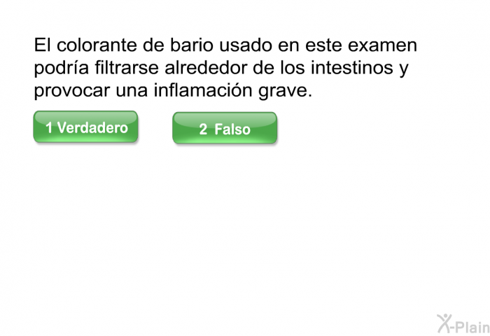 El colorante de bario usado en este examen podra filtrarse alrededor de los intestinos y provocar una inflamacin grave.