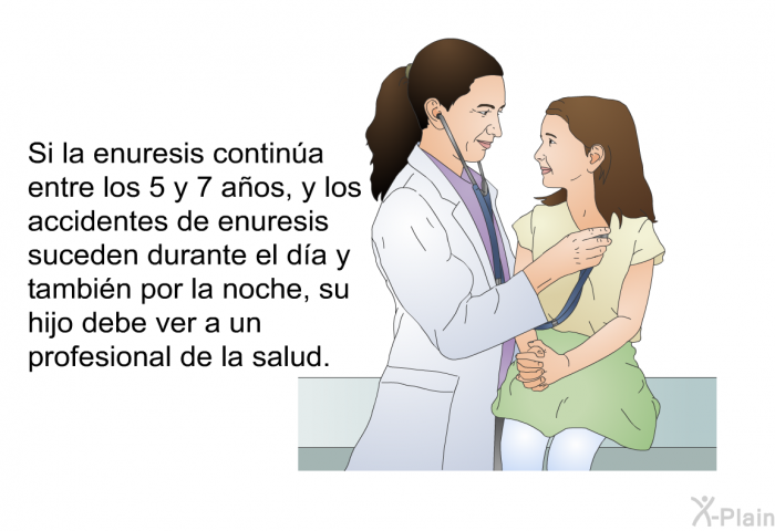 Si la enuresis contina entre los 5 y 7 aos, y los accidentes de enuresis suceden durante el da y tambin por la noche, su hijo debe ver a un profesional de la salud.
