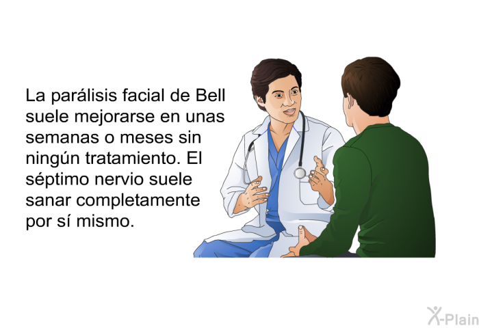La parlisis facial de Bell suele mejorarse en unas semanas o meses sin ningn tratamiento. El sptimo nervio suele sanar completamente por s mismo.