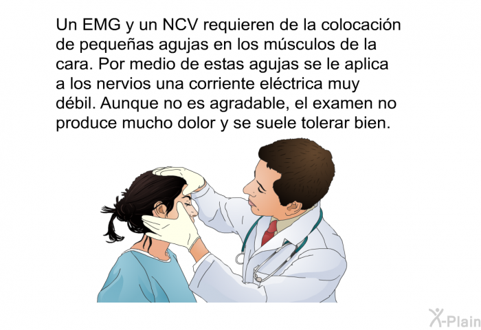 Un EMG y un NCV requieren de la colocaci�n de peque�as agujas en los m�sculos de la cara. Por medio de estas agujas se le aplica a los nervios una corriente el�ctrica muy d�bil. Aunque no es agradable, el examen no produce mucho dolor y se suele tolerar bien.