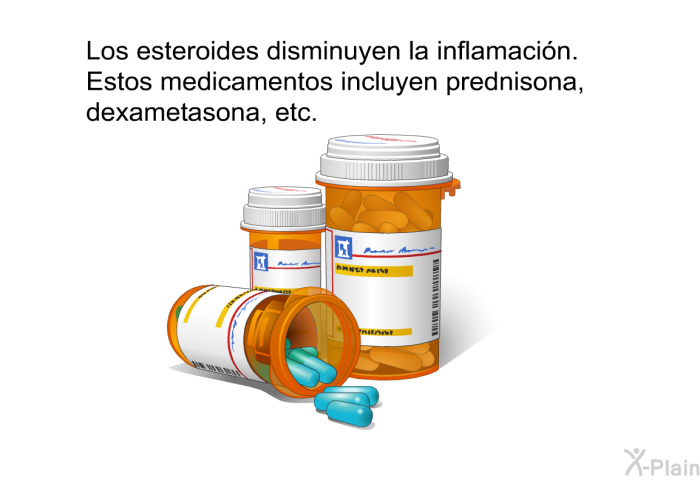 Los esteroides disminuyen la inflamacin. Estos medicamentos incluyen prednisona, dexametasona, etc.