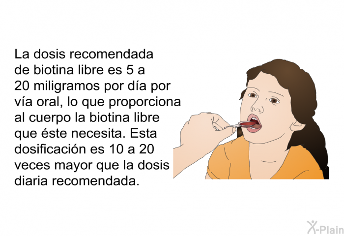 La dosis recomendada de biotina libre es 5 a 20 miligramos por da por va oral, lo que proporciona al cuerpo la biotina libre que ste necesita. Esta dosificacin es 10 a 20 veces mayor que la dosis diaria recomendada.